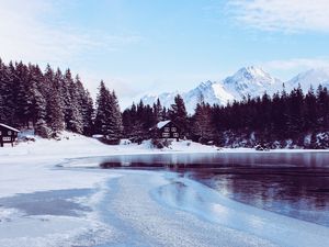 Preview wallpaper mountains, ice, snow, winter, house, trees