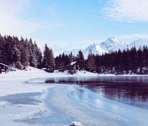 Preview wallpaper mountains, ice, snow, winter, house, trees