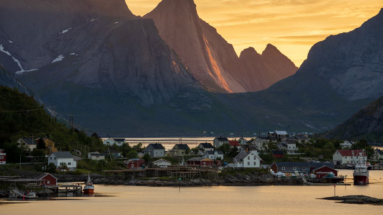 Wallpaper mountains, island, houses, sea, nature