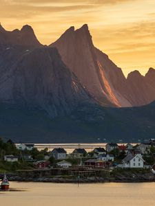 Preview wallpaper mountains, island, houses, sea, nature