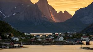 Preview wallpaper mountains, island, houses, sea, nature