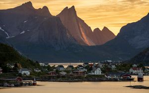 Preview wallpaper mountains, island, houses, sea, nature