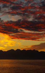 Preview wallpaper mountains, island, sunset, horizon, clouds, lofoten islands, norway