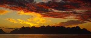 Preview wallpaper mountains, island, sunset, horizon, clouds, lofoten islands, norway