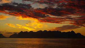 Preview wallpaper mountains, island, sunset, horizon, clouds, lofoten islands, norway
