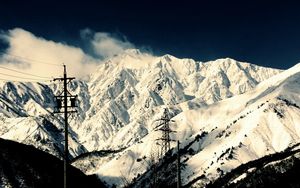 Preview wallpaper mountains, japan, pole, wires, tower, top