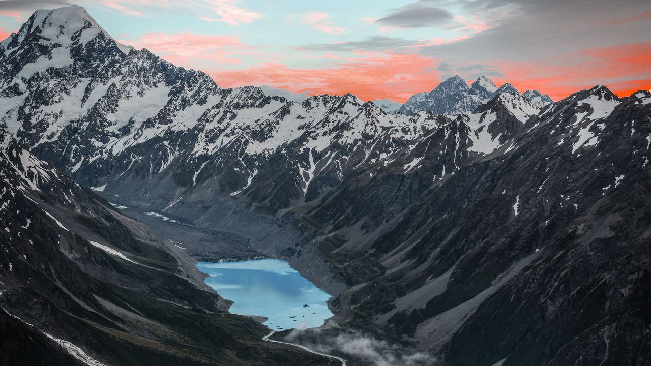 Wallpaper mountains, lake, aerial view, snowy, clouds, landscape