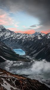 Preview wallpaper mountains, lake, aerial view, snowy, clouds, landscape
