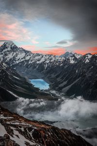 Preview wallpaper mountains, lake, aerial view, snowy, clouds, landscape