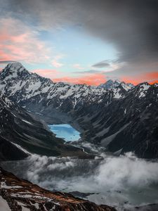 Preview wallpaper mountains, lake, aerial view, snowy, clouds, landscape