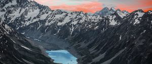 Preview wallpaper mountains, lake, aerial view, snowy, clouds, landscape