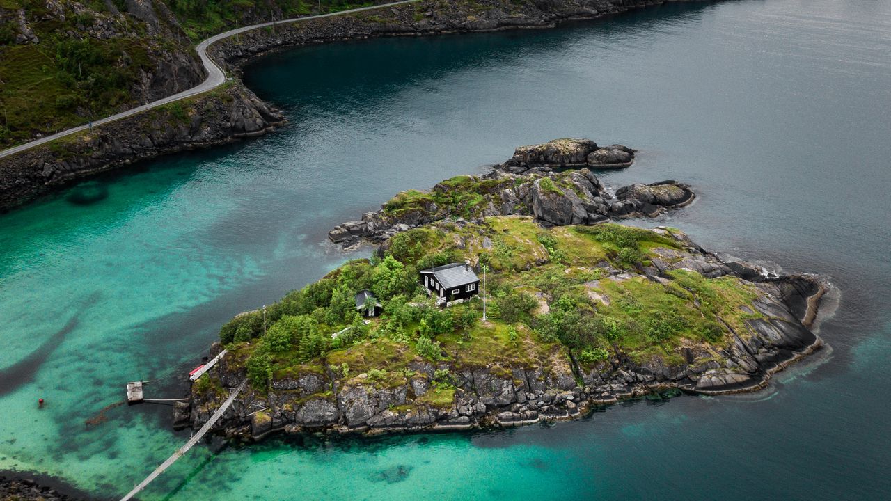 Wallpaper mountains, lake, aerial view, island, landscape