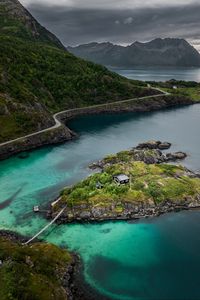 Preview wallpaper mountains, lake, aerial view, island, landscape