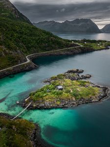 Preview wallpaper mountains, lake, aerial view, island, landscape