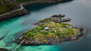 Preview wallpaper mountains, lake, aerial view, island, landscape