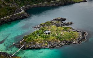 Preview wallpaper mountains, lake, aerial view, island, landscape