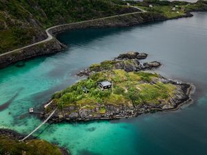 Preview wallpaper mountains, lake, aerial view, island, landscape