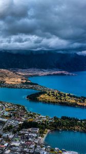 Preview wallpaper mountains, lake, aerial view, city, clouds, new zealand