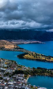 Preview wallpaper mountains, lake, aerial view, city, clouds, new zealand