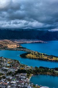 Preview wallpaper mountains, lake, aerial view, city, clouds, new zealand
