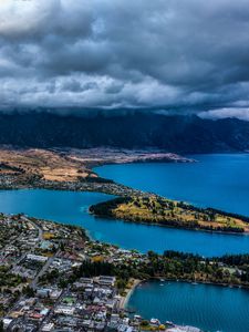 Preview wallpaper mountains, lake, aerial view, city, clouds, new zealand