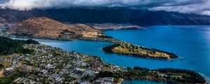 Preview wallpaper mountains, lake, aerial view, city, clouds, new zealand