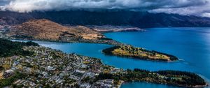 Preview wallpaper mountains, lake, aerial view, city, clouds, new zealand