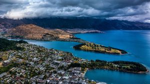 Preview wallpaper mountains, lake, aerial view, city, clouds, new zealand