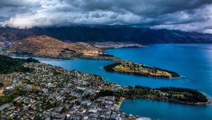 Preview wallpaper mountains, lake, aerial view, city, clouds, new zealand