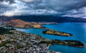 Preview wallpaper mountains, lake, aerial view, city, clouds, new zealand