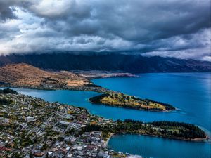 Preview wallpaper mountains, lake, aerial view, city, clouds, new zealand