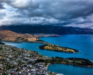 Preview wallpaper mountains, lake, aerial view, city, clouds, new zealand