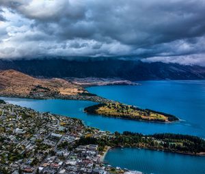 Preview wallpaper mountains, lake, aerial view, city, clouds, new zealand