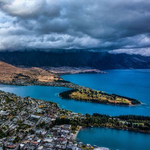 Preview wallpaper mountains, lake, aerial view, city, clouds, new zealand