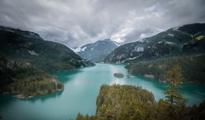 Preview wallpaper mountains, lake, aerial view, landscape, trees