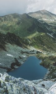 Preview wallpaper mountains, lake, aerial view, landscape, mountain range