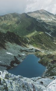 Preview wallpaper mountains, lake, aerial view, landscape, mountain range