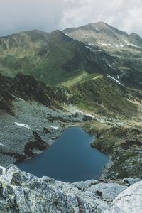 Preview wallpaper mountains, lake, aerial view, landscape, mountain range