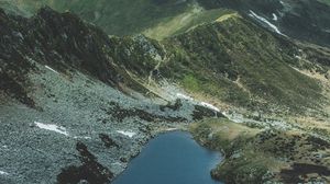 Preview wallpaper mountains, lake, aerial view, landscape, mountain range