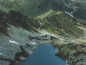 Preview wallpaper mountains, lake, aerial view, landscape, mountain range