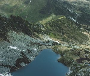 Preview wallpaper mountains, lake, aerial view, landscape, mountain range