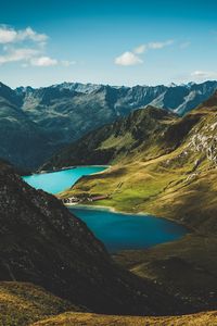 Preview wallpaper mountains, lake, aerial view, landscape, nature