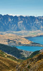 Preview wallpaper mountains, lake, aerial view, mountain range, valley, landscape