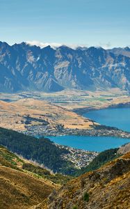 Preview wallpaper mountains, lake, aerial view, mountain range, valley, landscape