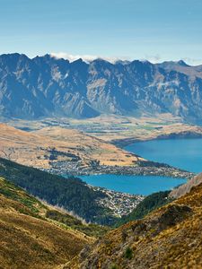 Preview wallpaper mountains, lake, aerial view, mountain range, valley, landscape