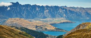 Preview wallpaper mountains, lake, aerial view, mountain range, valley, landscape