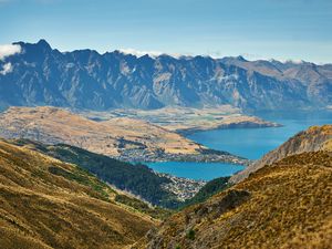 Preview wallpaper mountains, lake, aerial view, mountain range, valley, landscape