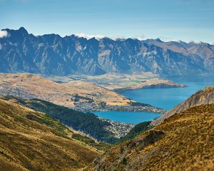 Preview wallpaper mountains, lake, aerial view, mountain range, valley, landscape