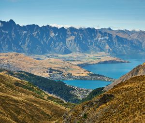 Preview wallpaper mountains, lake, aerial view, mountain range, valley, landscape