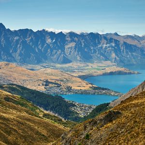 Preview wallpaper mountains, lake, aerial view, mountain range, valley, landscape